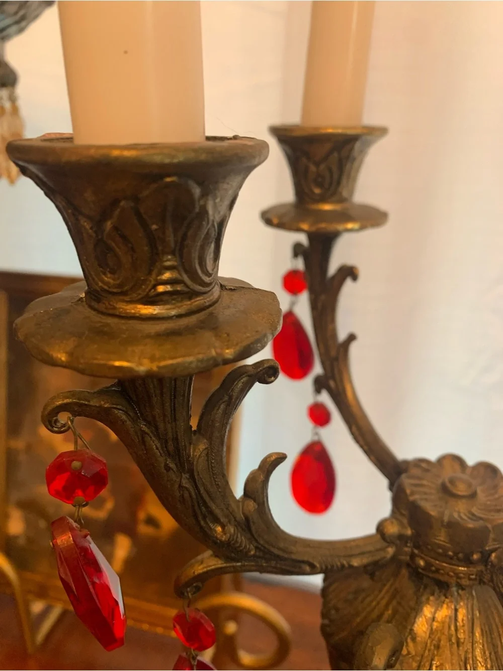Antique-Style Ornate Brass Candelabra Pair with Red Crystal Drops